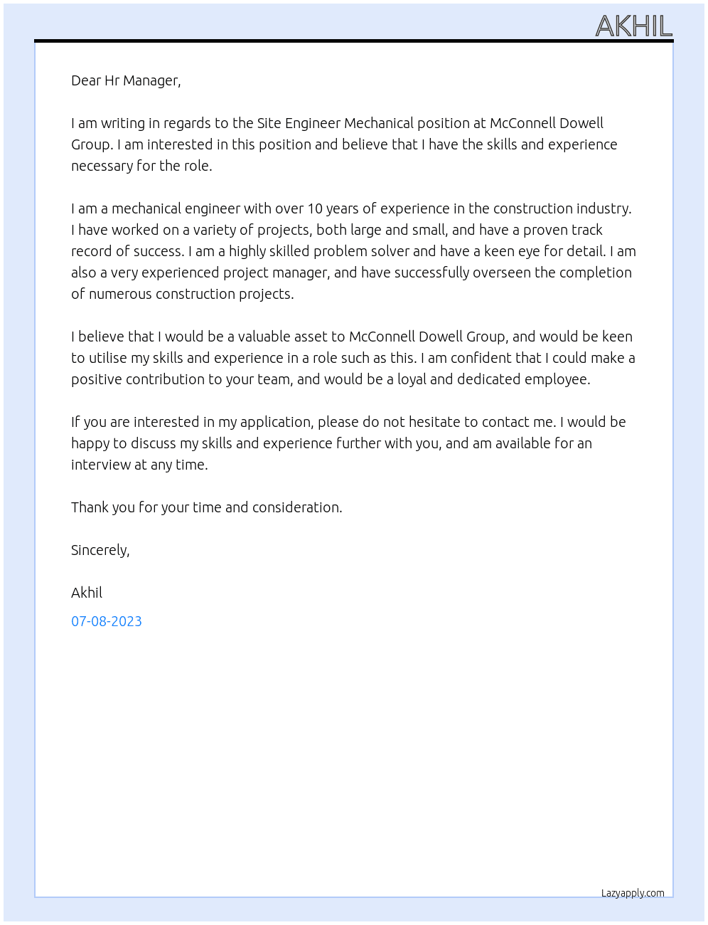 Site Engineer Mechanical  At McConnell Dowell Group Cover Letter