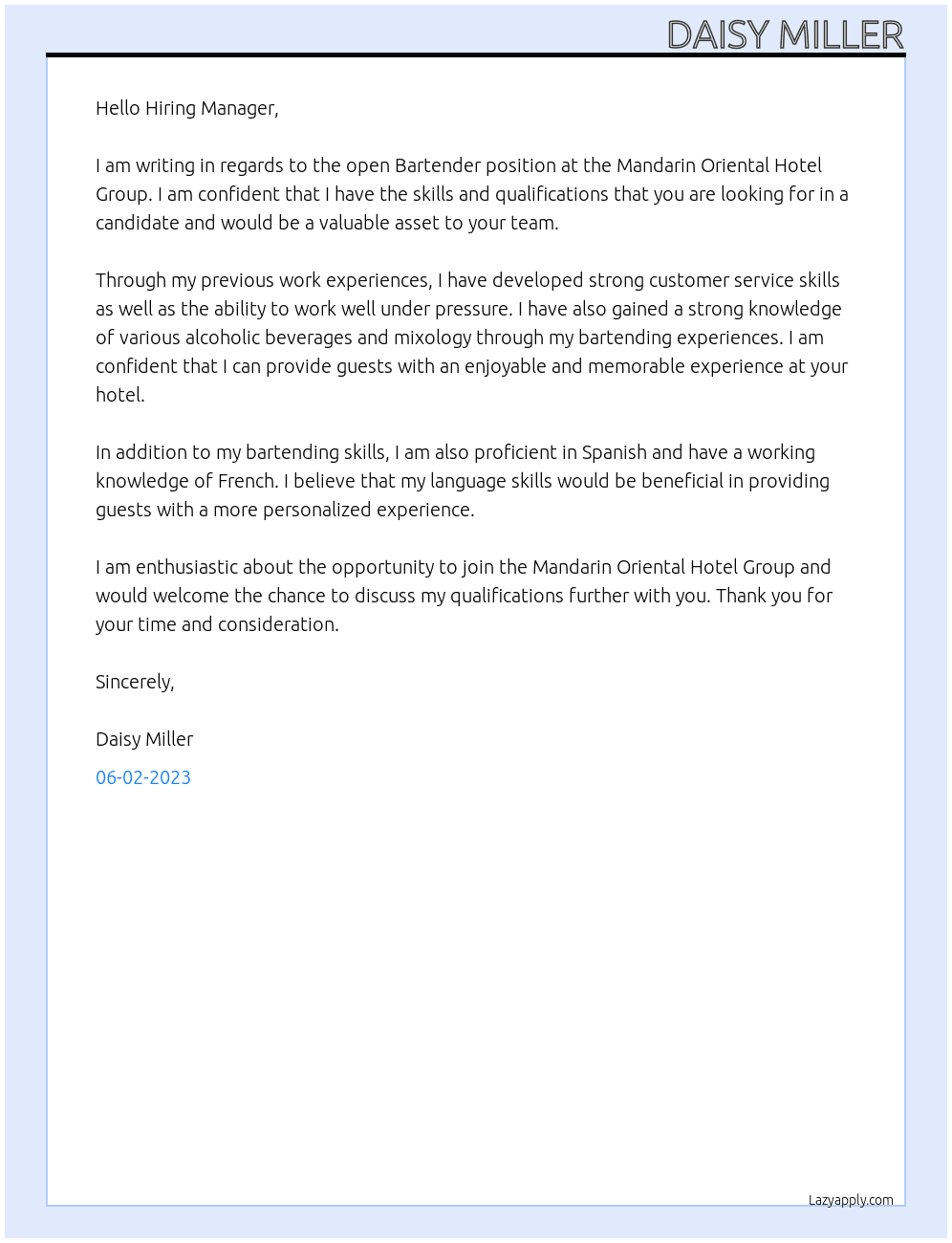 Bartender  At Mandarin Oriental Hotel Group Cover Letter