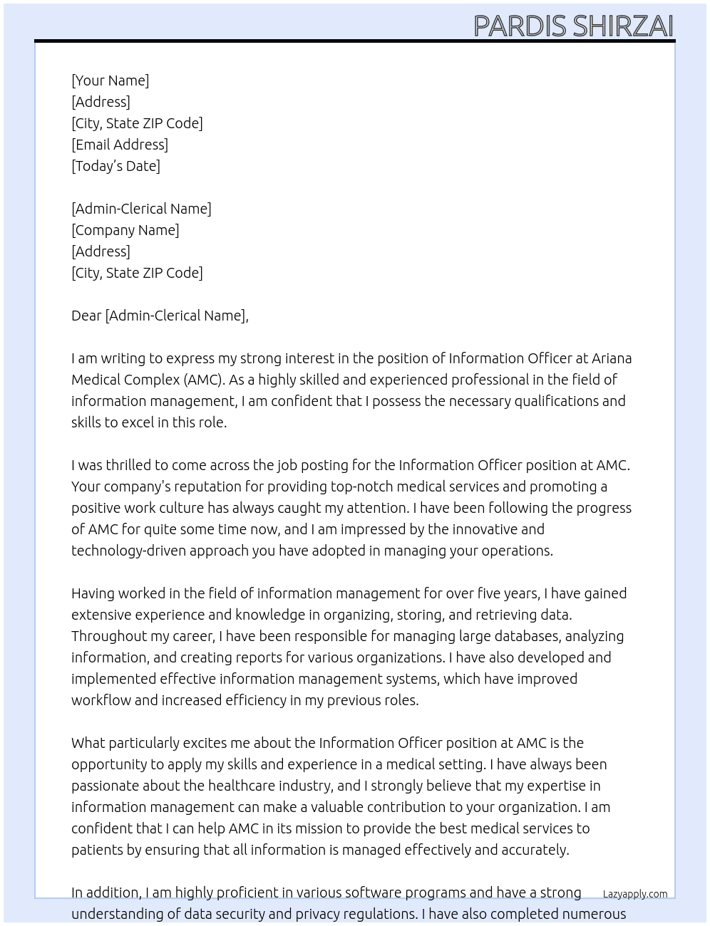 Information Officer At Ariana Medical Complex (AMC) Cover Letter