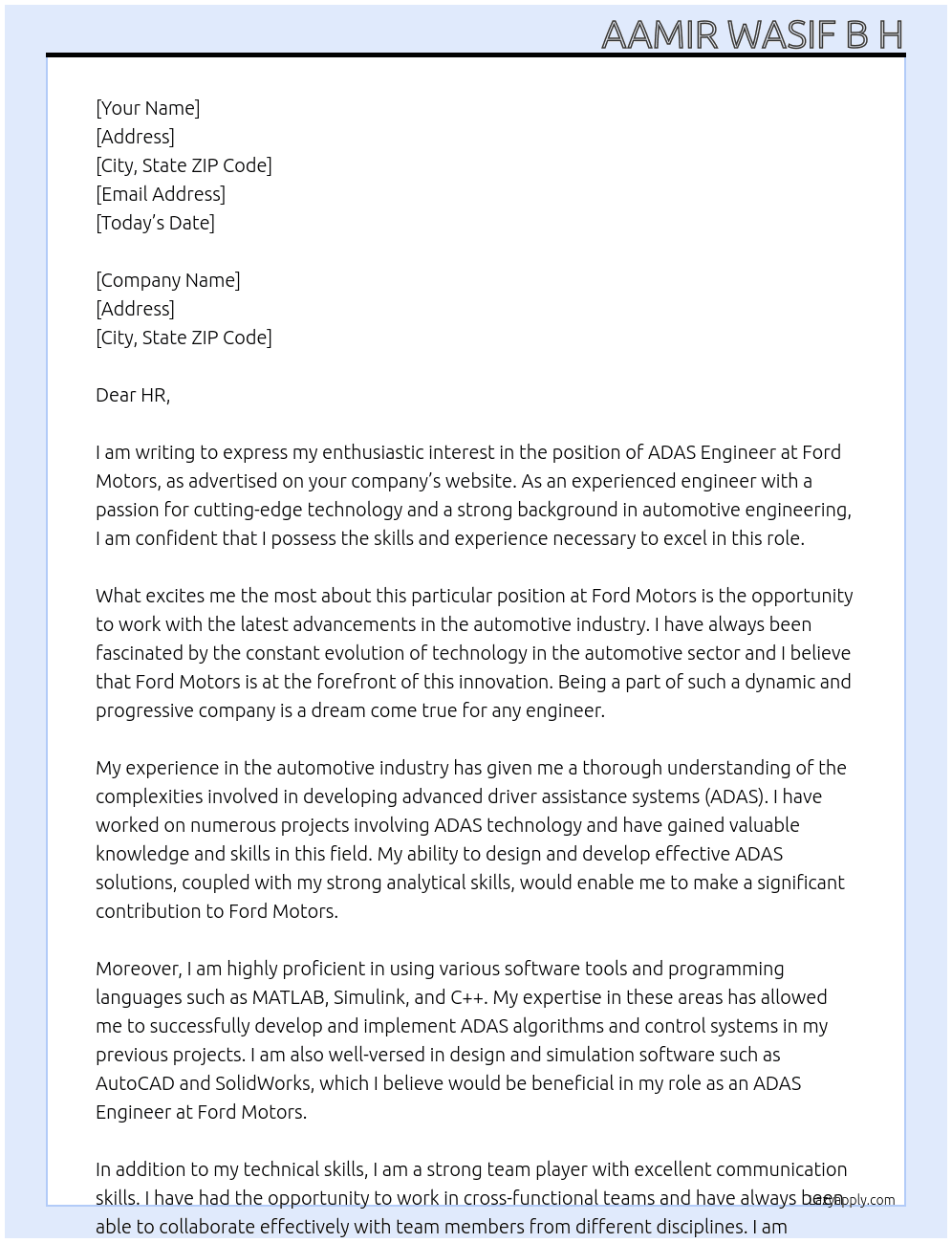 ADAS Engineer At Ford Motors Cover Letter