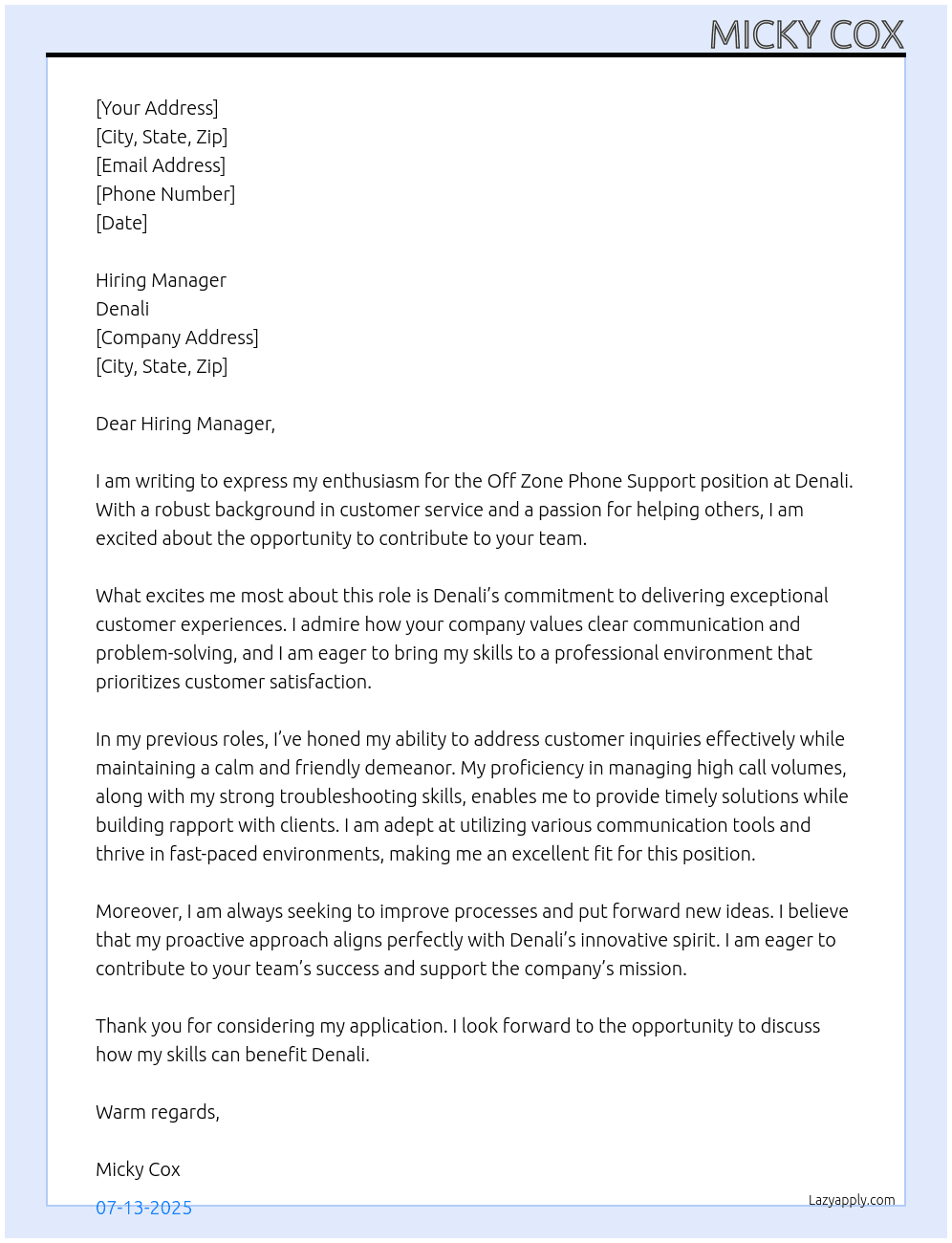Off Zone Phone Support At Denali Cover Letter