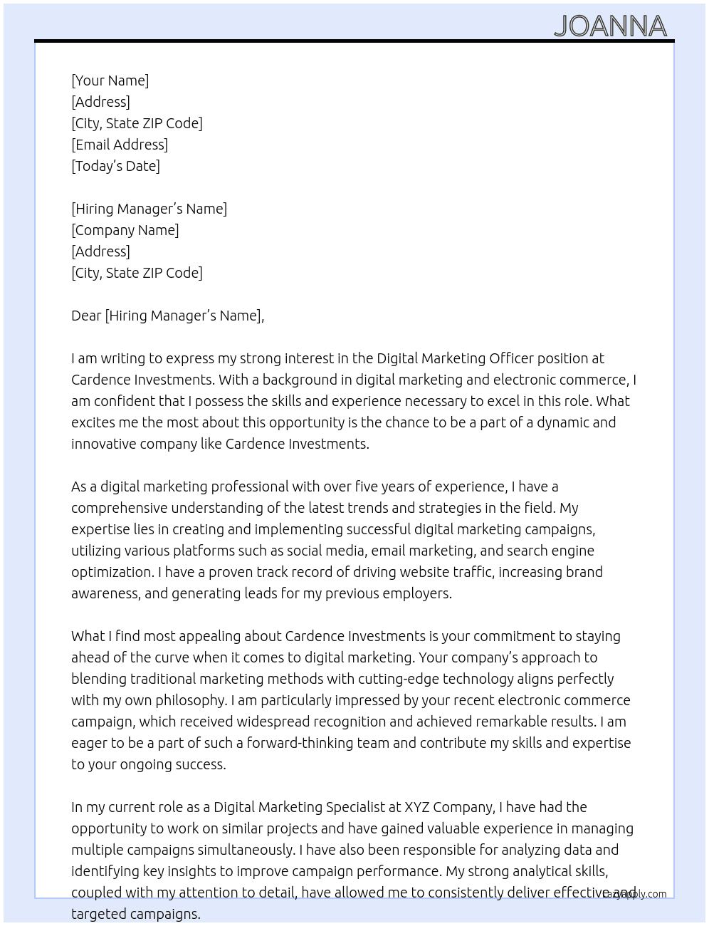 DIGITAL MARKETING OFFICER  At Cardence investments  Cover Letter