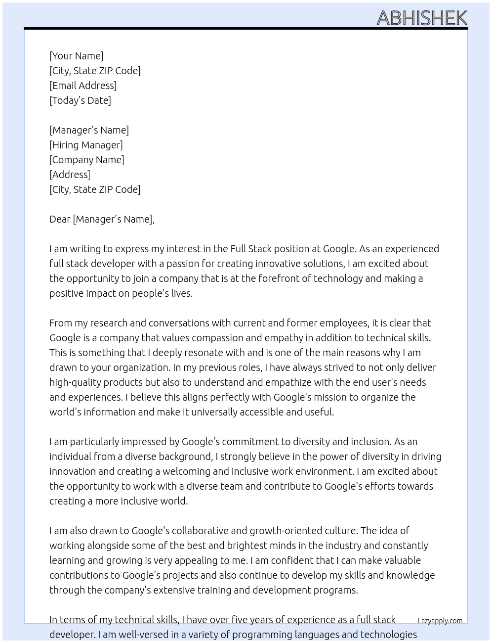 full stack At google Cover Letter