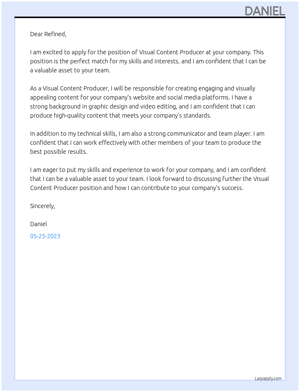 Visual Content Prodycer At Refined Cover Letter