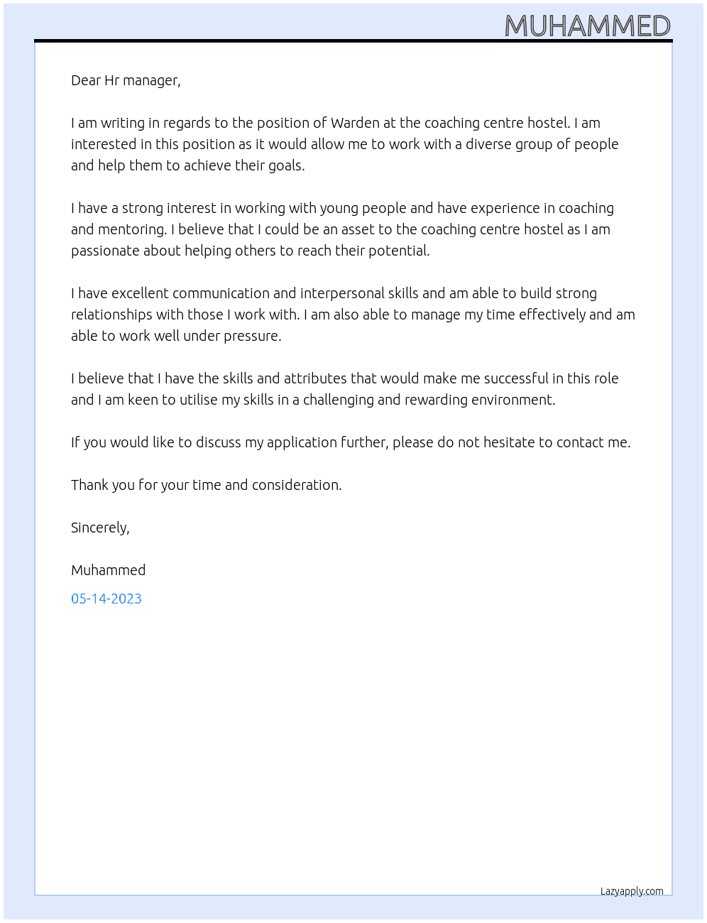 Warden At Coaching centre hostel Cover Letter