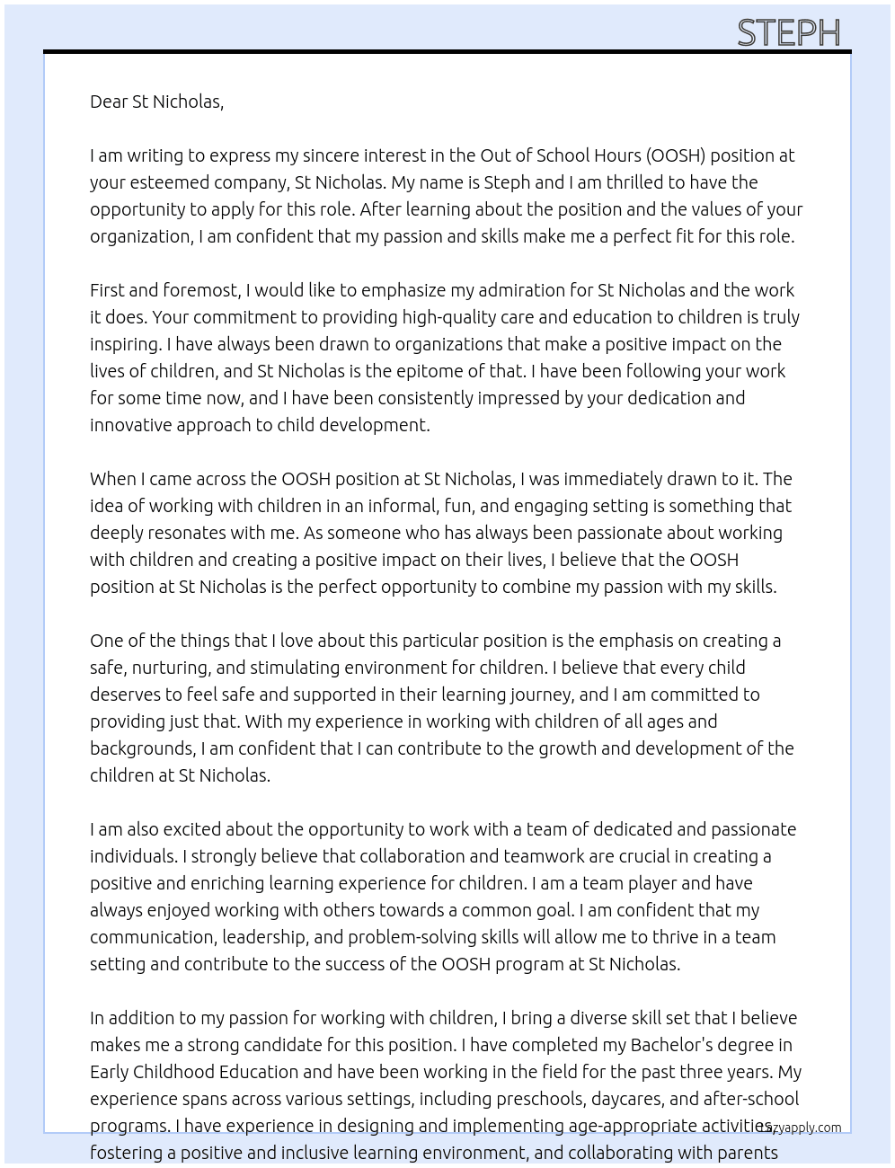 Out of School Hours OOSH At St Nicholas Cover Letter