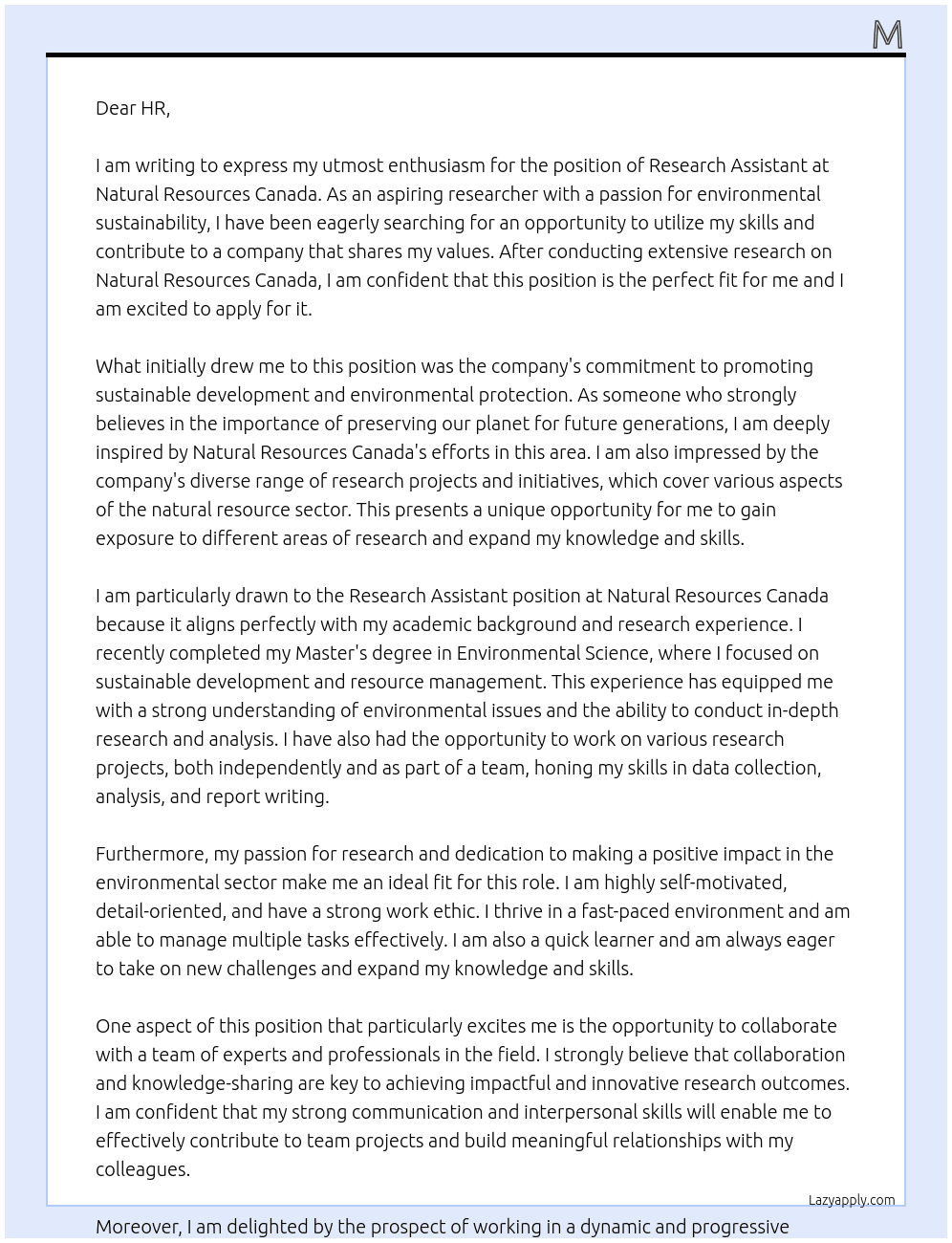 Research Assistant At Natural Resources Canada Cover Letter