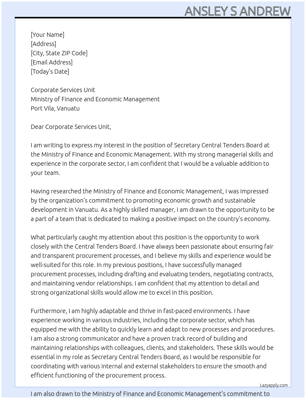 Secretary Central Tenders Board At Ministry of Finance and Economic Management Cover Letter