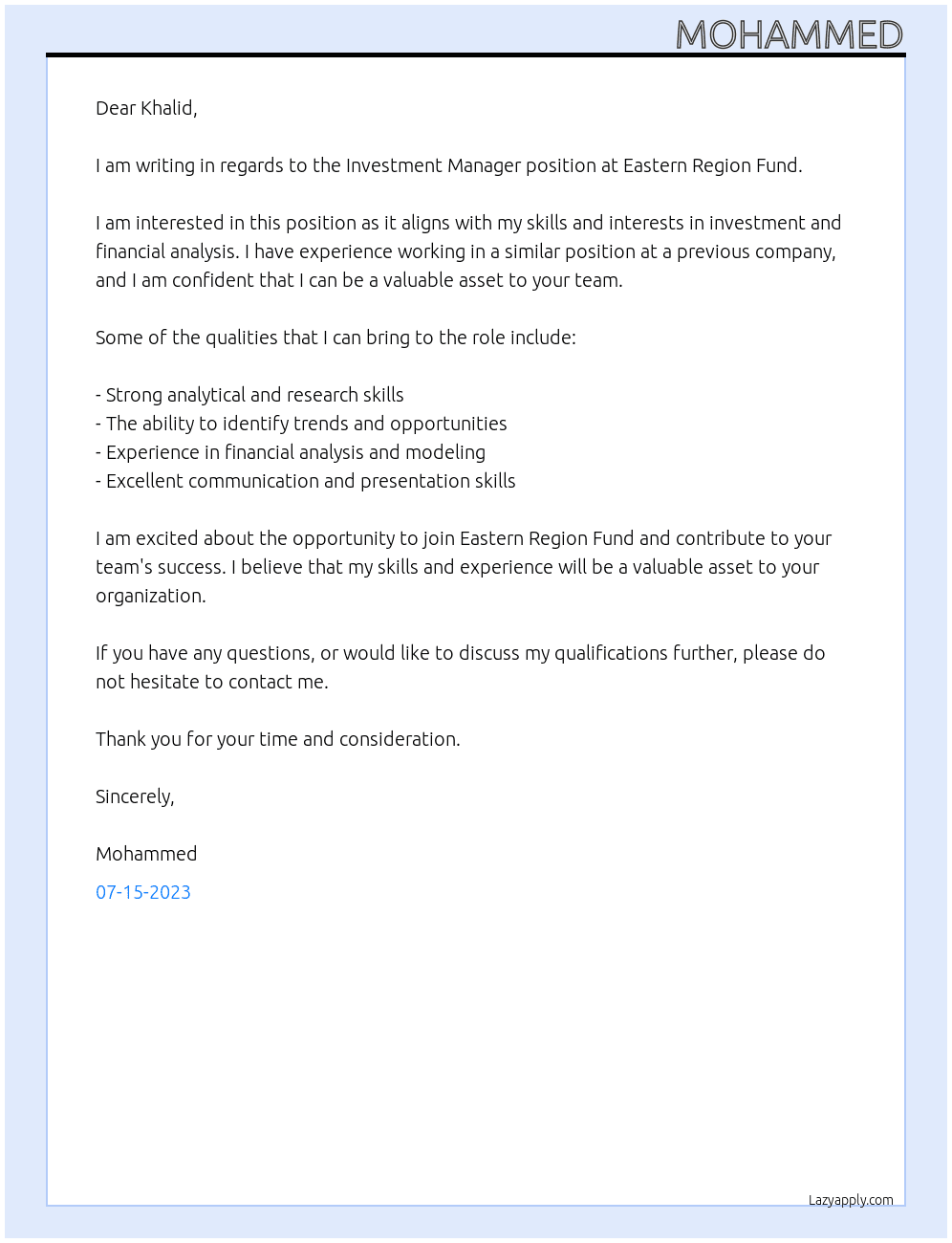 Investment Manager At Eastern Region Fund Cover Letter
