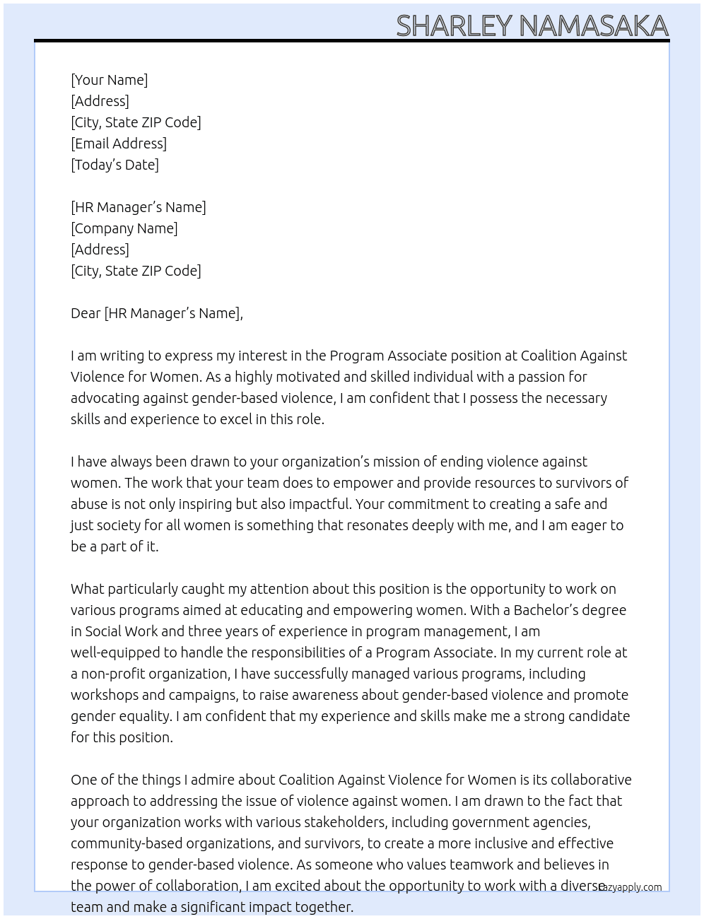 Program Associate At Coalition against violence for Women Cover Letter