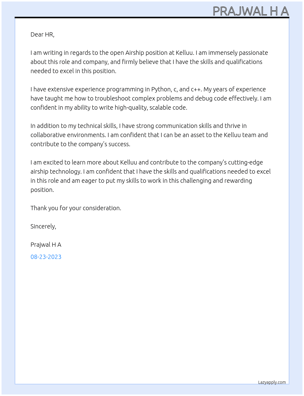 Airship At Kelluu  Cover Letter