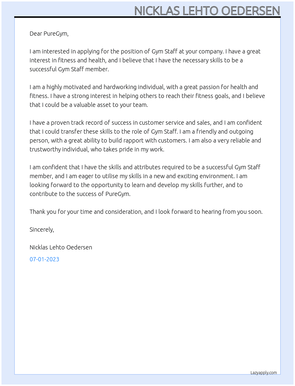 Gym Staff At PureGym Cover Letter