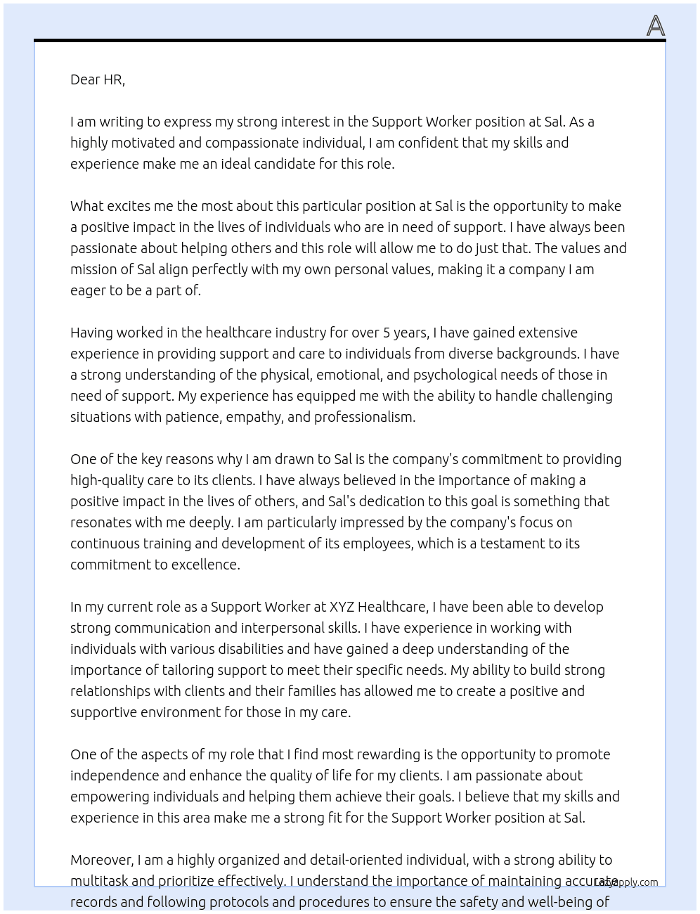 Support worker At sal Cover Letter