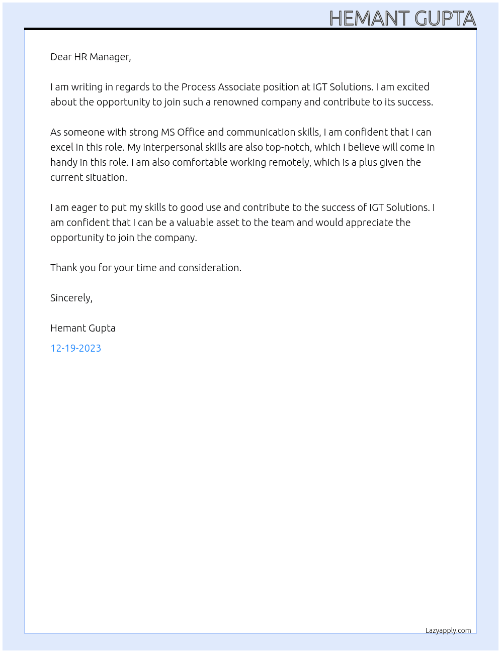 Process Associate At IGT Solutions Cover Letter