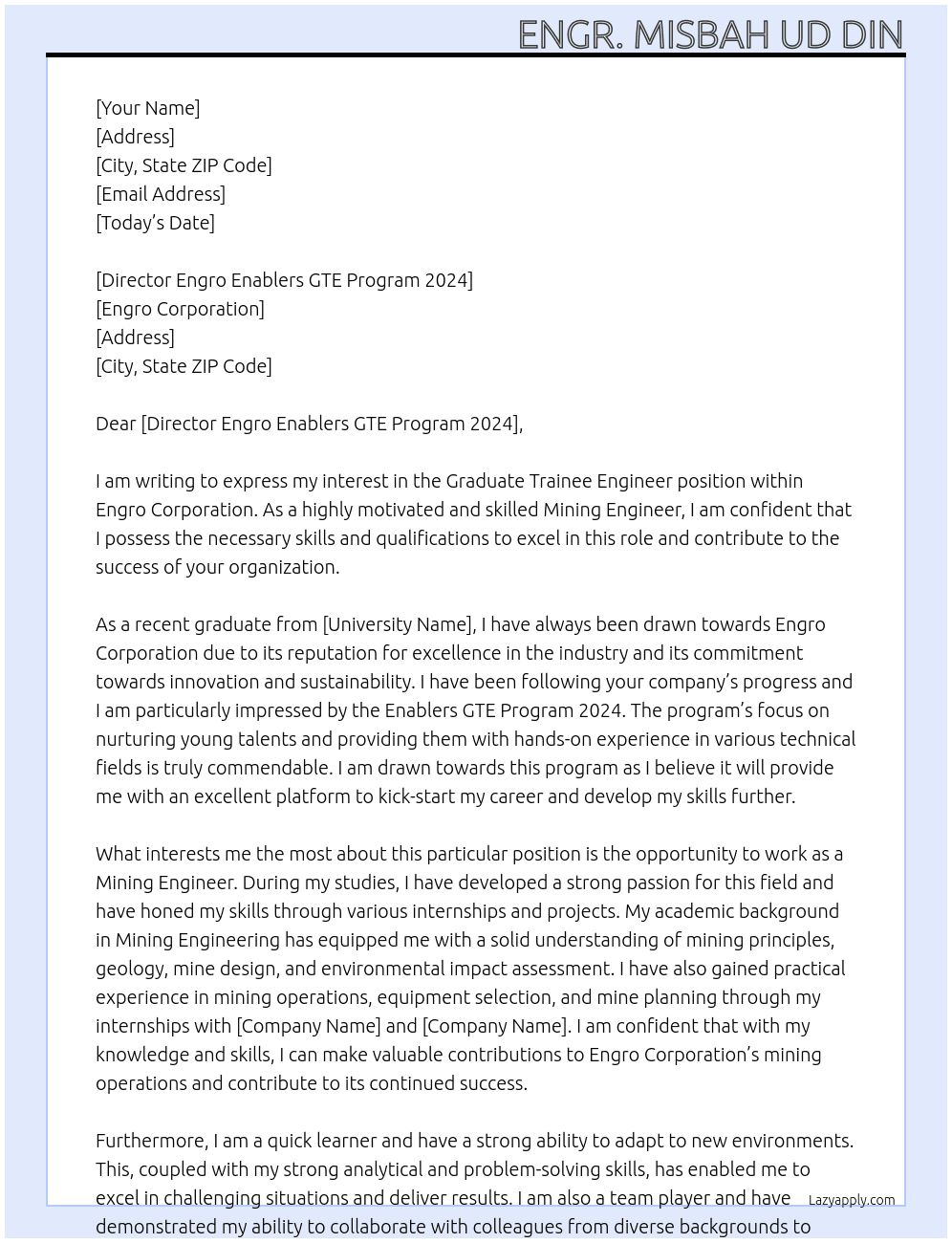 Graduate Trainee Engineer At Engro Corporation Cover Letter