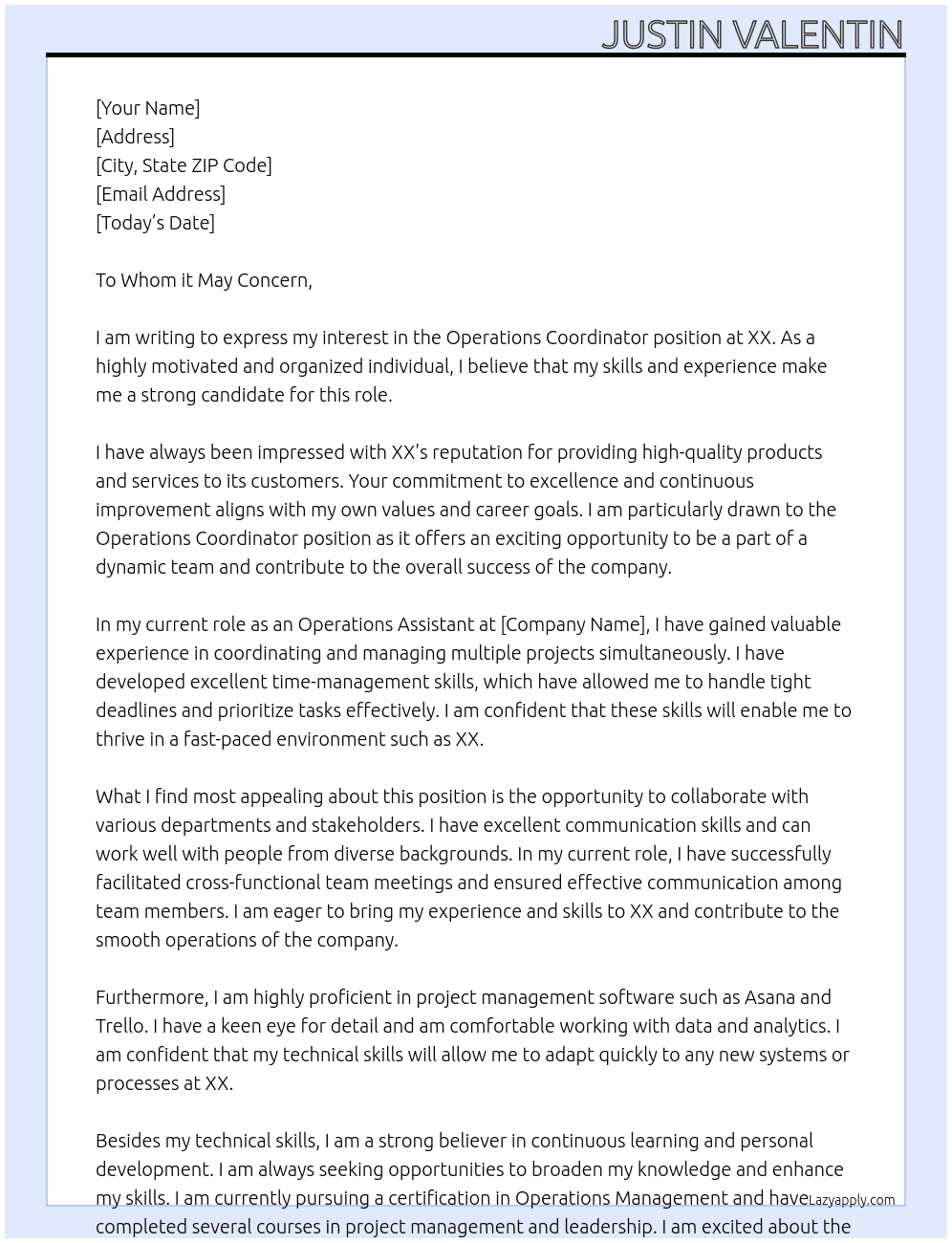 Operations Coordinator At XX Cover Letter