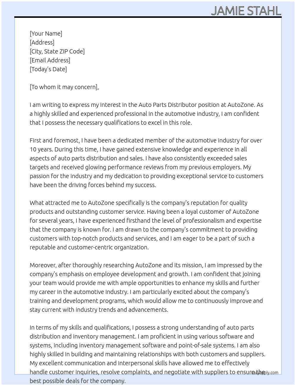 Auto Parts Distributer  At AutoZone Cover Letter