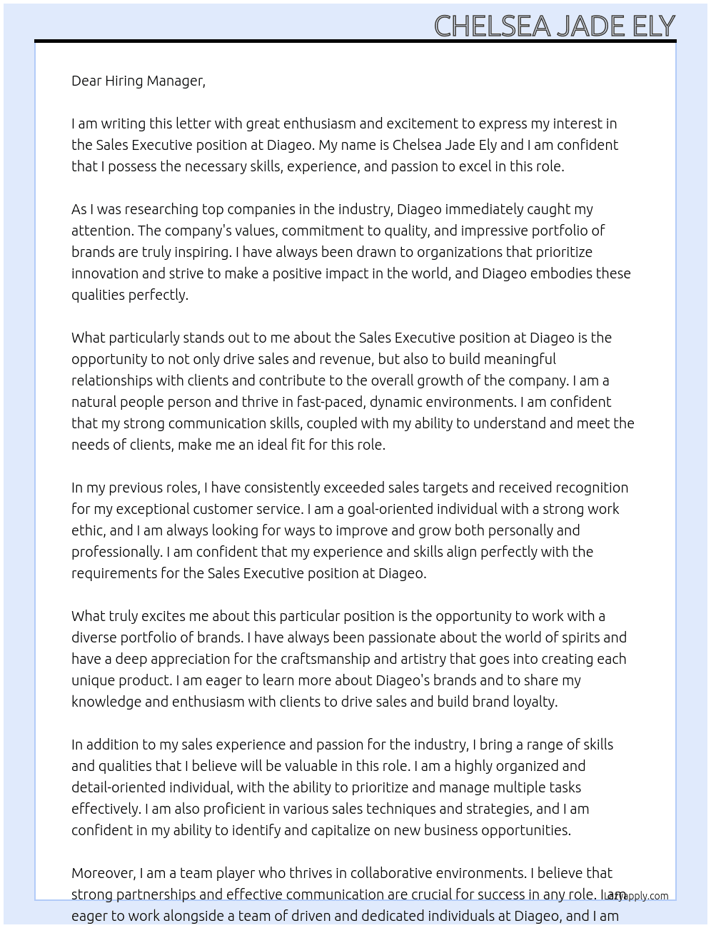 Sales executive At Diageo Cover Letter