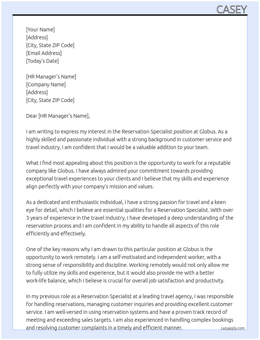 Reservation Specialist At Globus Cover Letter