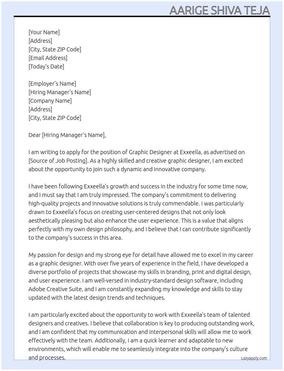 Graphic Designer At Exxeella Cover Letter