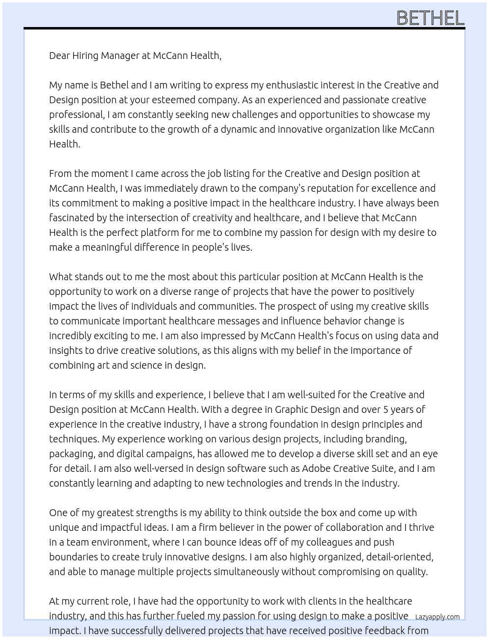 Cover letter for creative and desgin - LazyApply