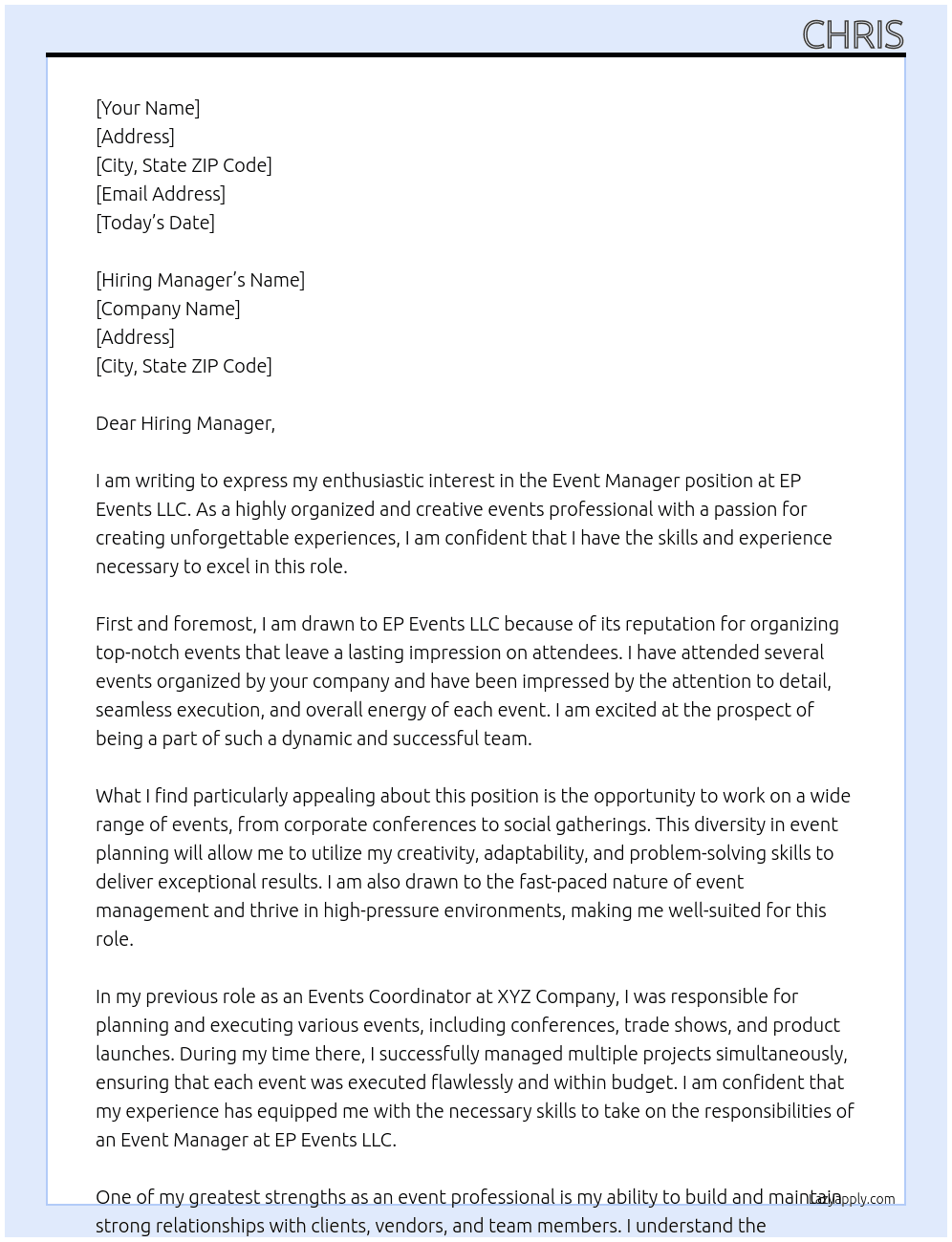Event manager At EP Events LLC Cover Letter
