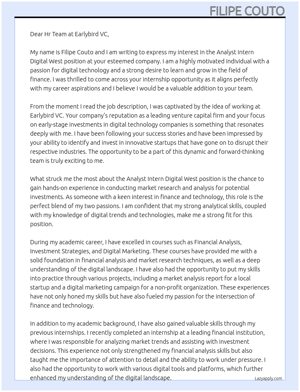 Analyst Intern Digital West At Earlybird VC Cover Letter