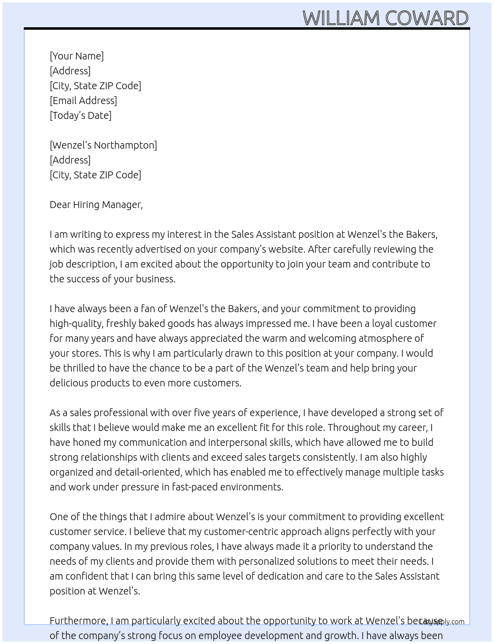 Sales Assistant At Wenzel's the Bakers Cover Letter