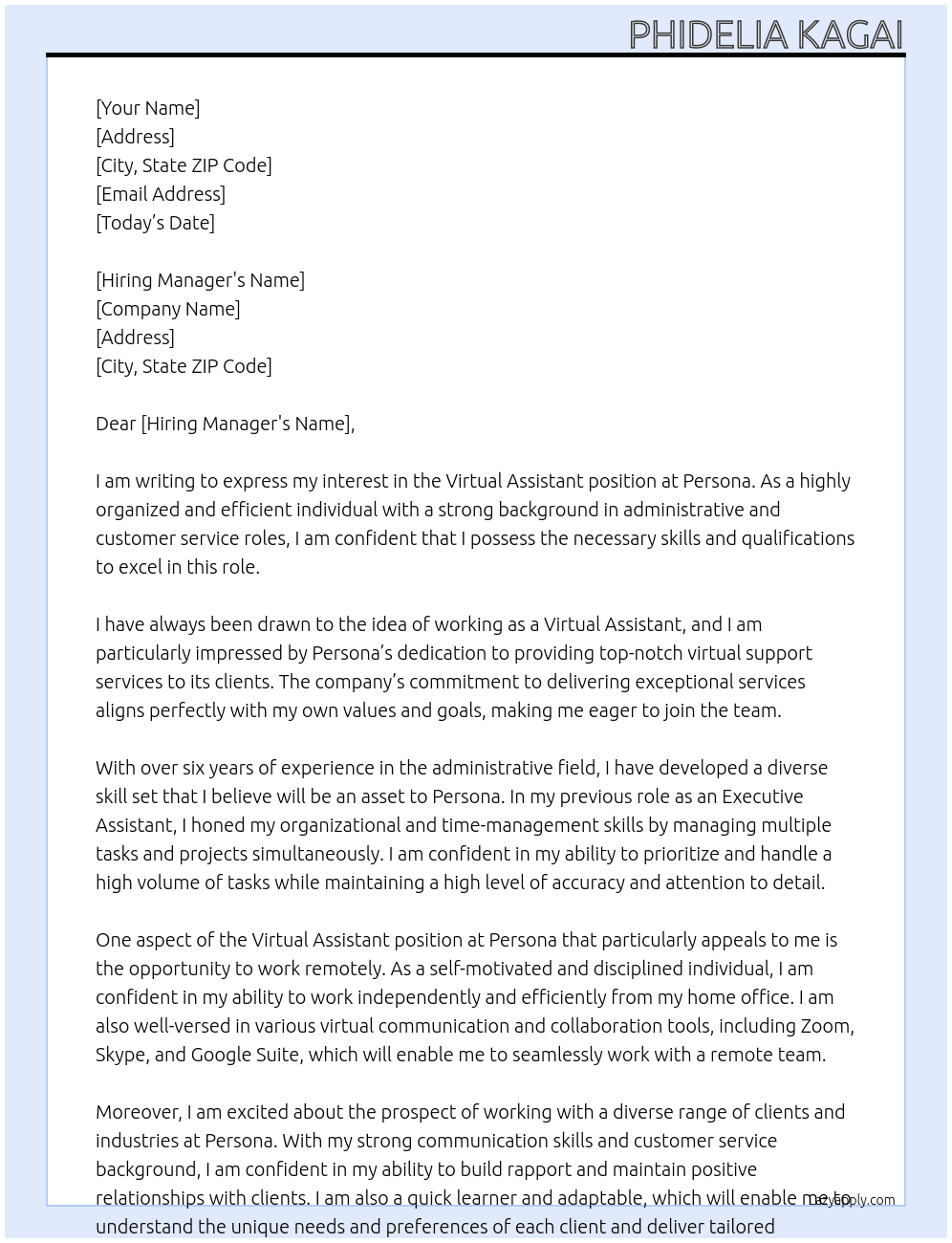 virtual assistant At persona Cover Letter