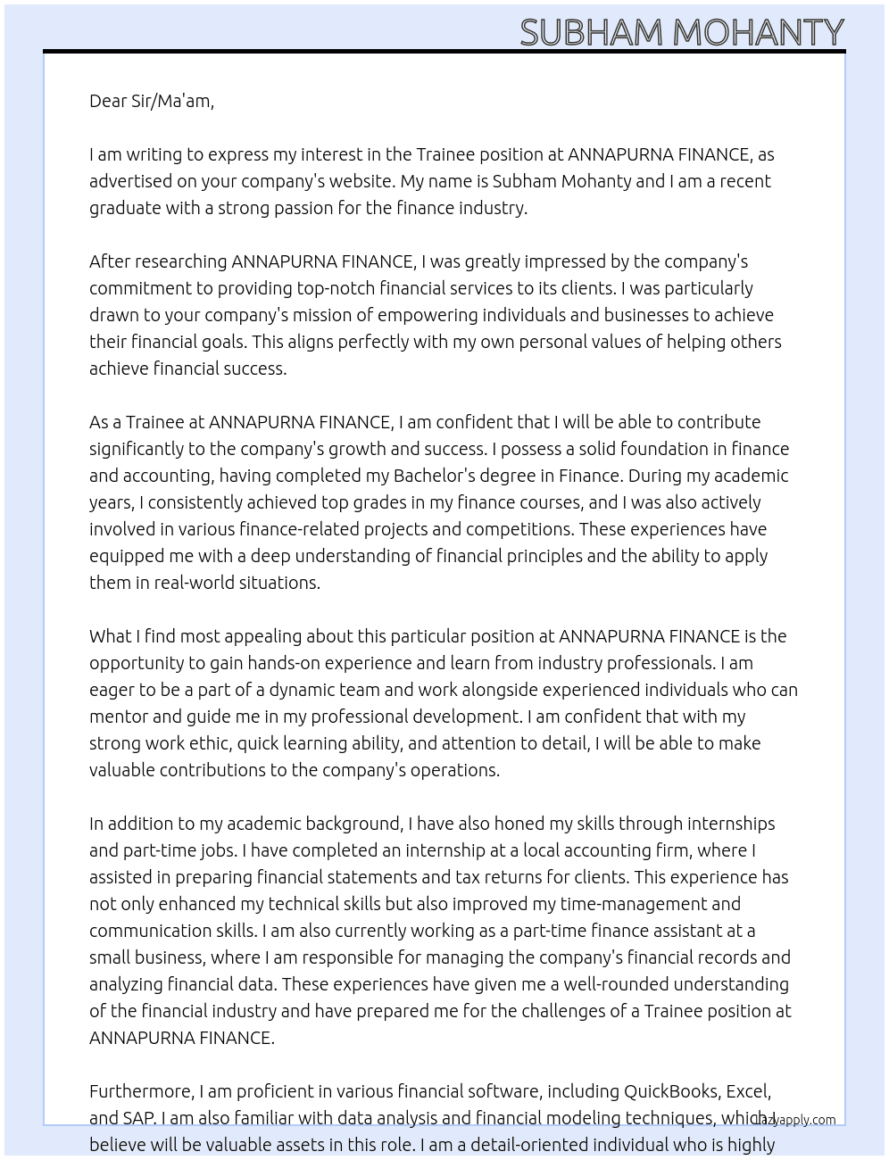 Trainee At ANNAPURNA FINANCE Cover Letter