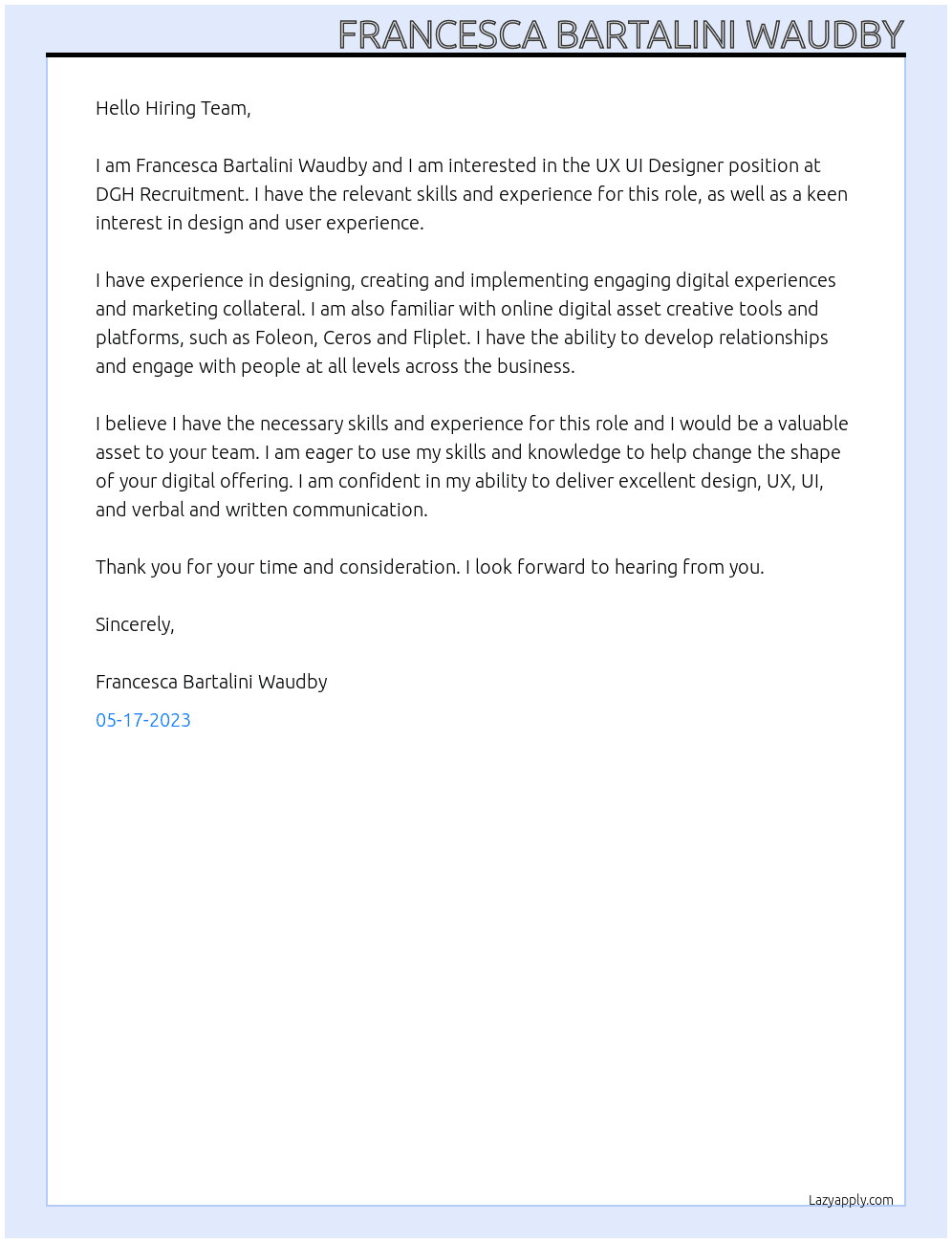 UX UI Designer At DGH Recruitment Cover Letter
