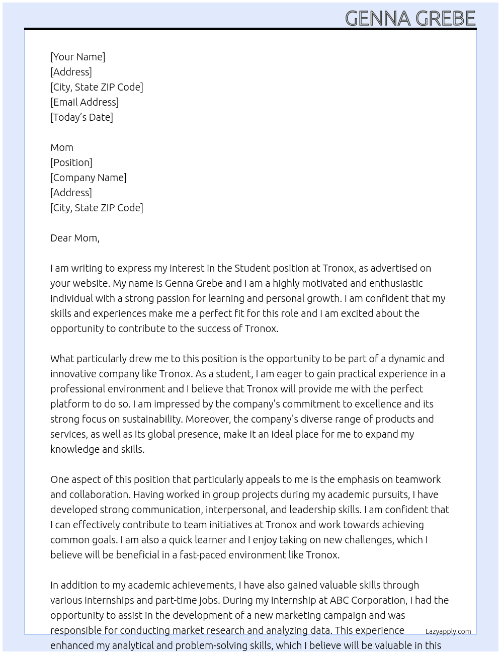 Student At Tronox Cover Letter