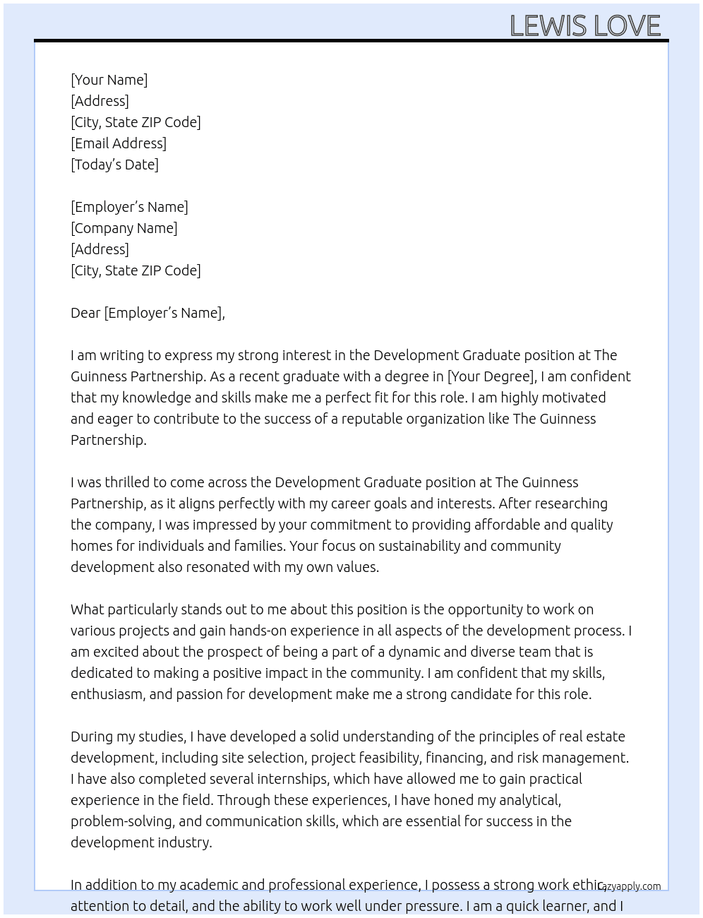 Development graduate  At The Guinness partnership  Cover Letter
