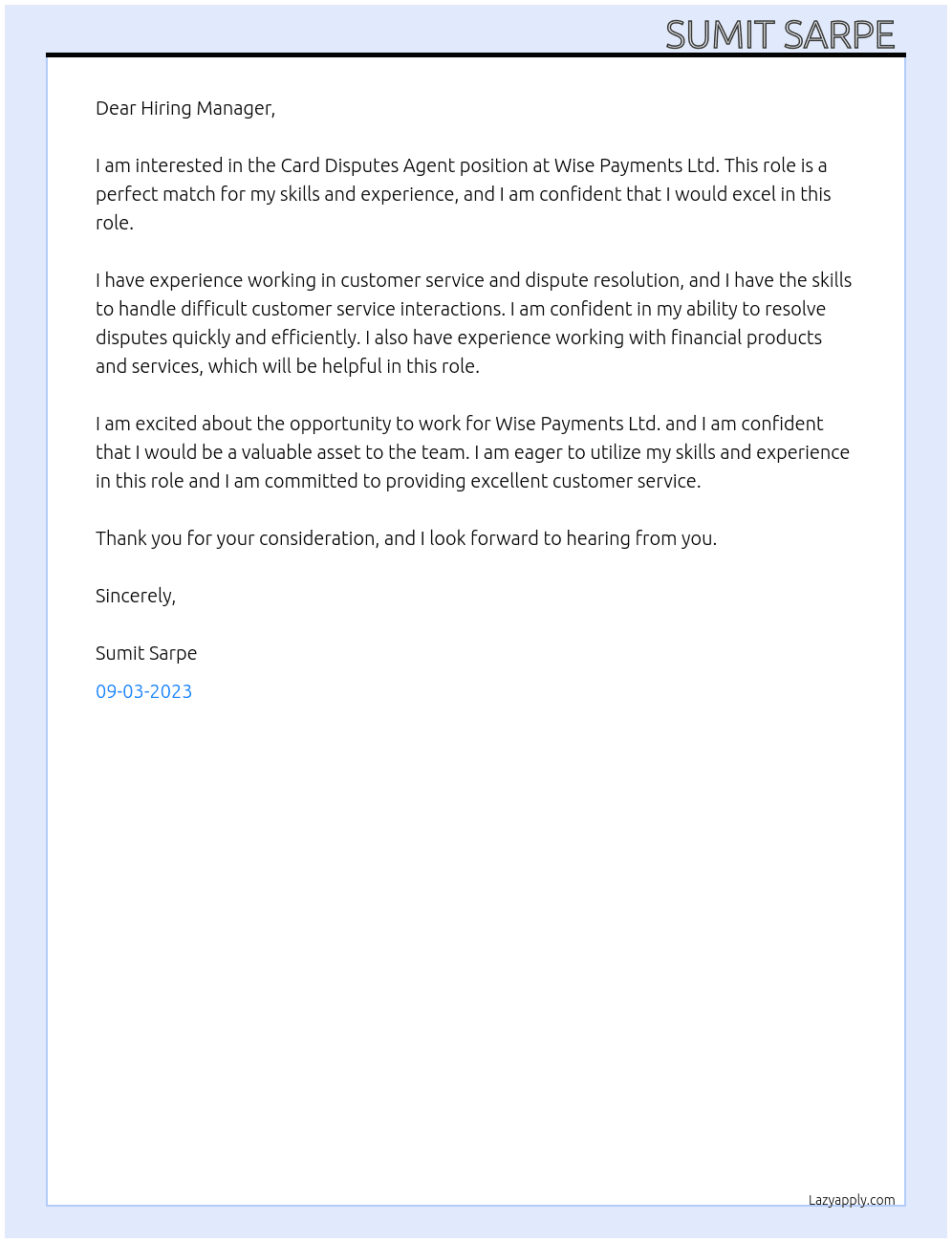 Card Disputes Agent At Wise payments Ltd Cover Letter