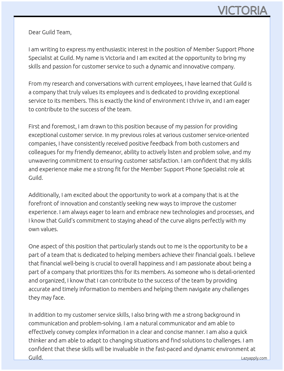 Member Support Phone Specialist At Guild  Cover Letter