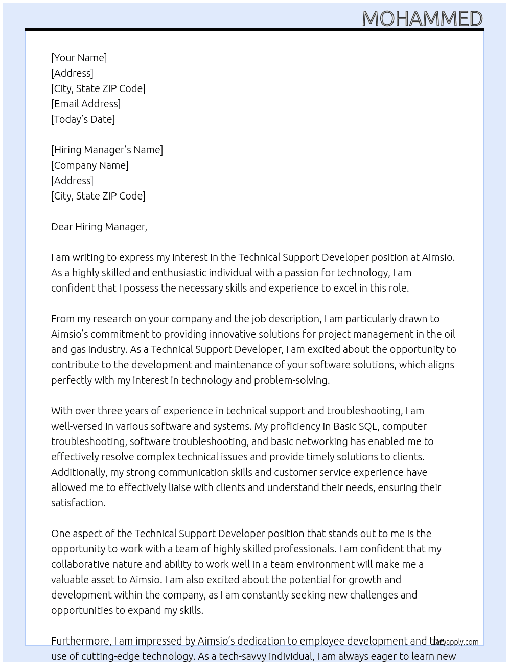 Technical Support Developer At Aimsio Cover Letter