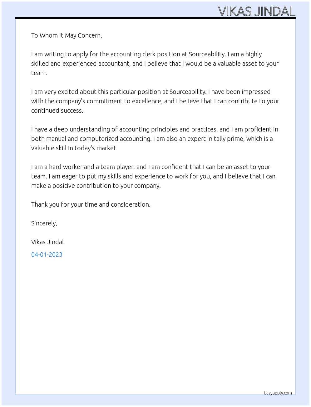 accounting clerk At Sourceability Cover Letter