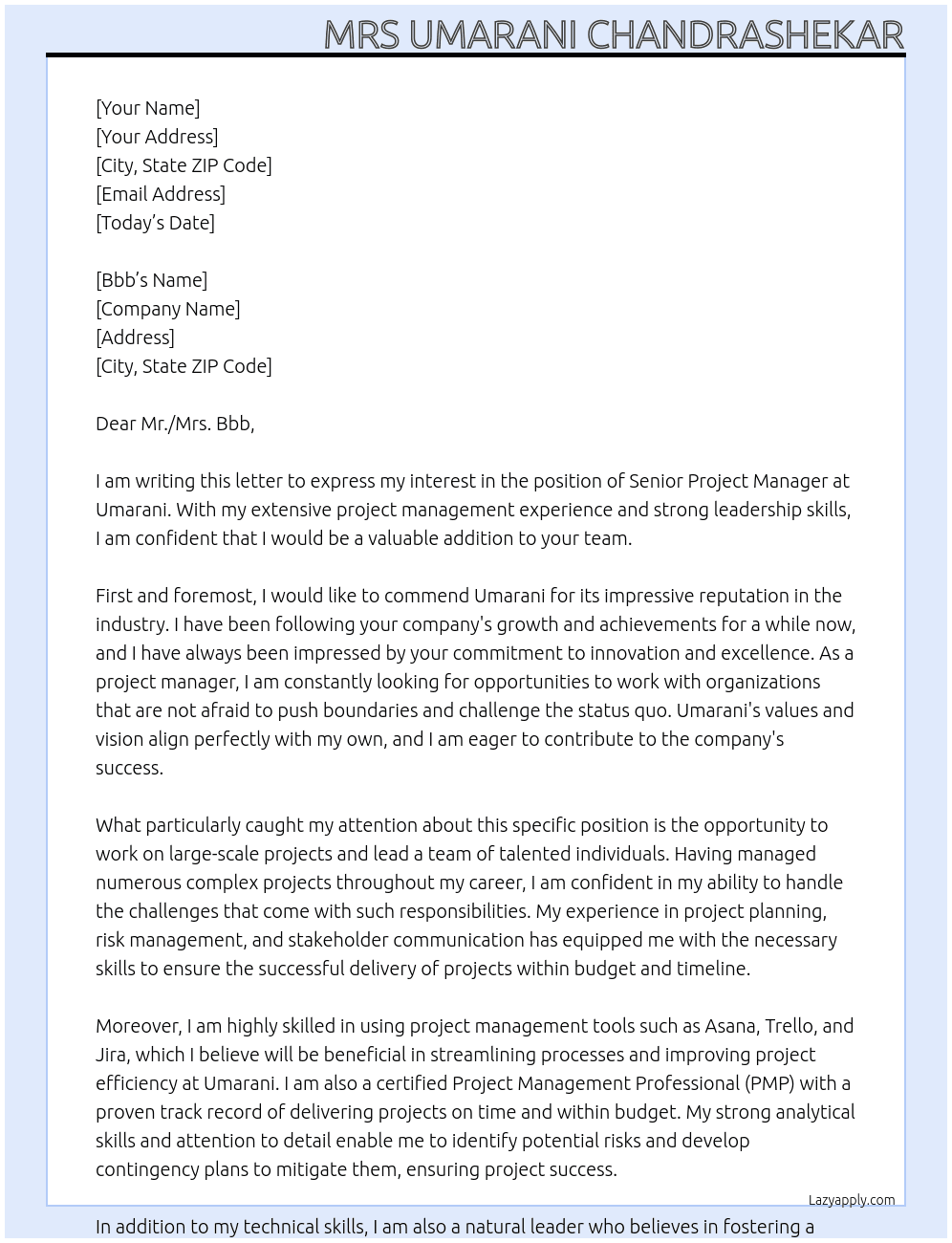 Senior project manager At Umarani Cover Letter