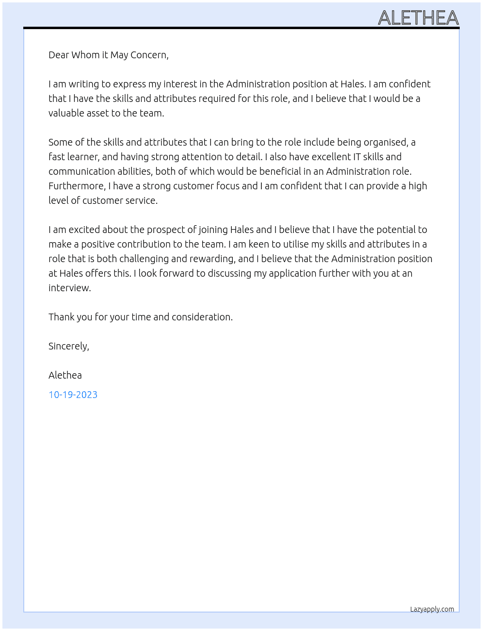 Administration  At Hales Cover Letter