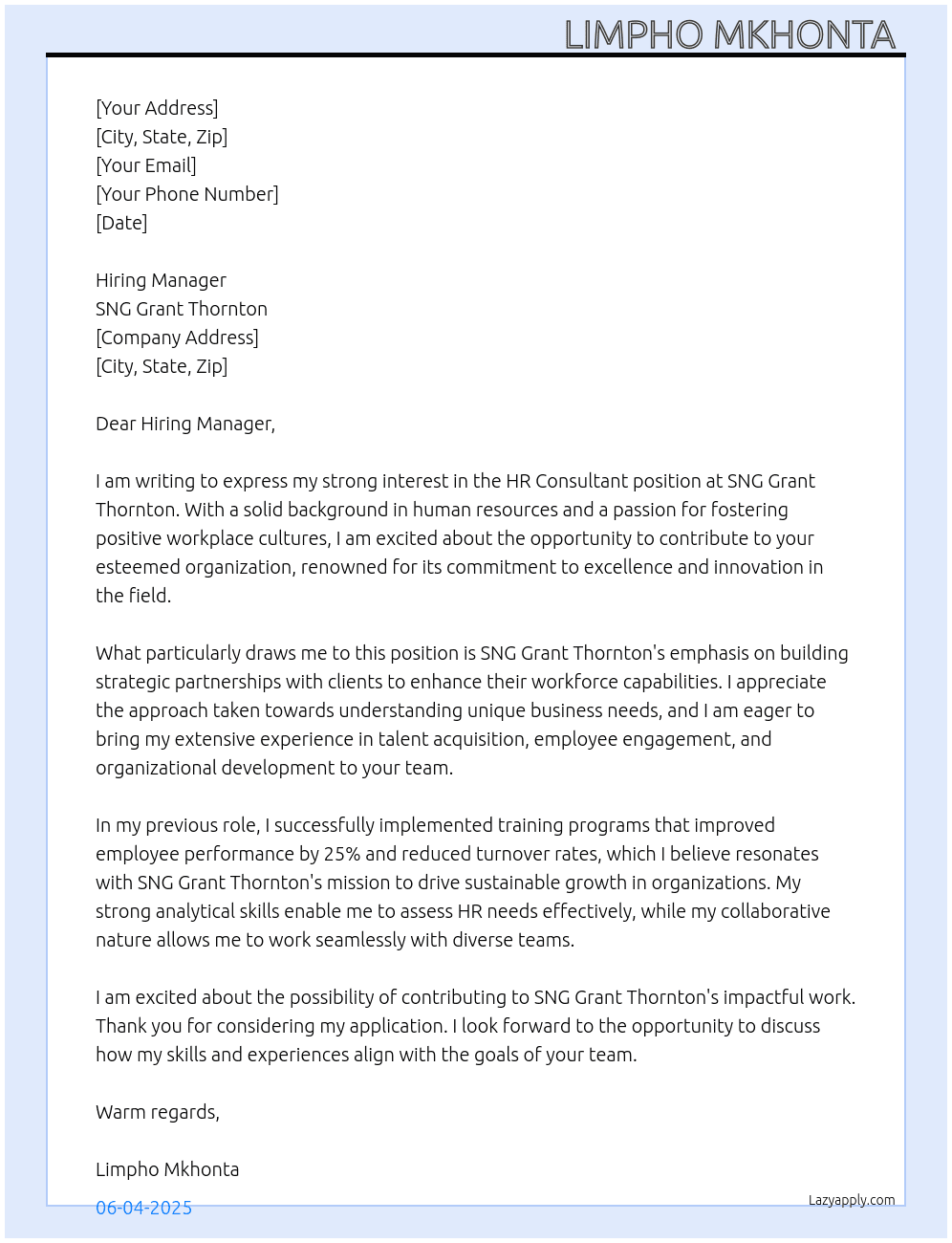 HR Consultant  At SNG Grand Thornton  Cover Letter