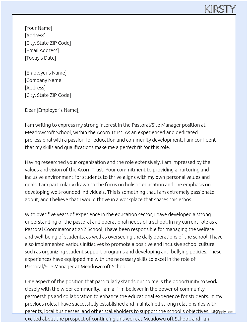Pastoral/Site Manager At Acorn Trust Cover Letter