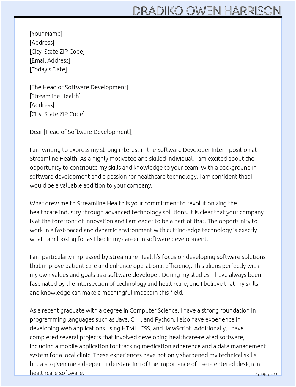 Software Developer Intern At Streamline Health Cover Letter