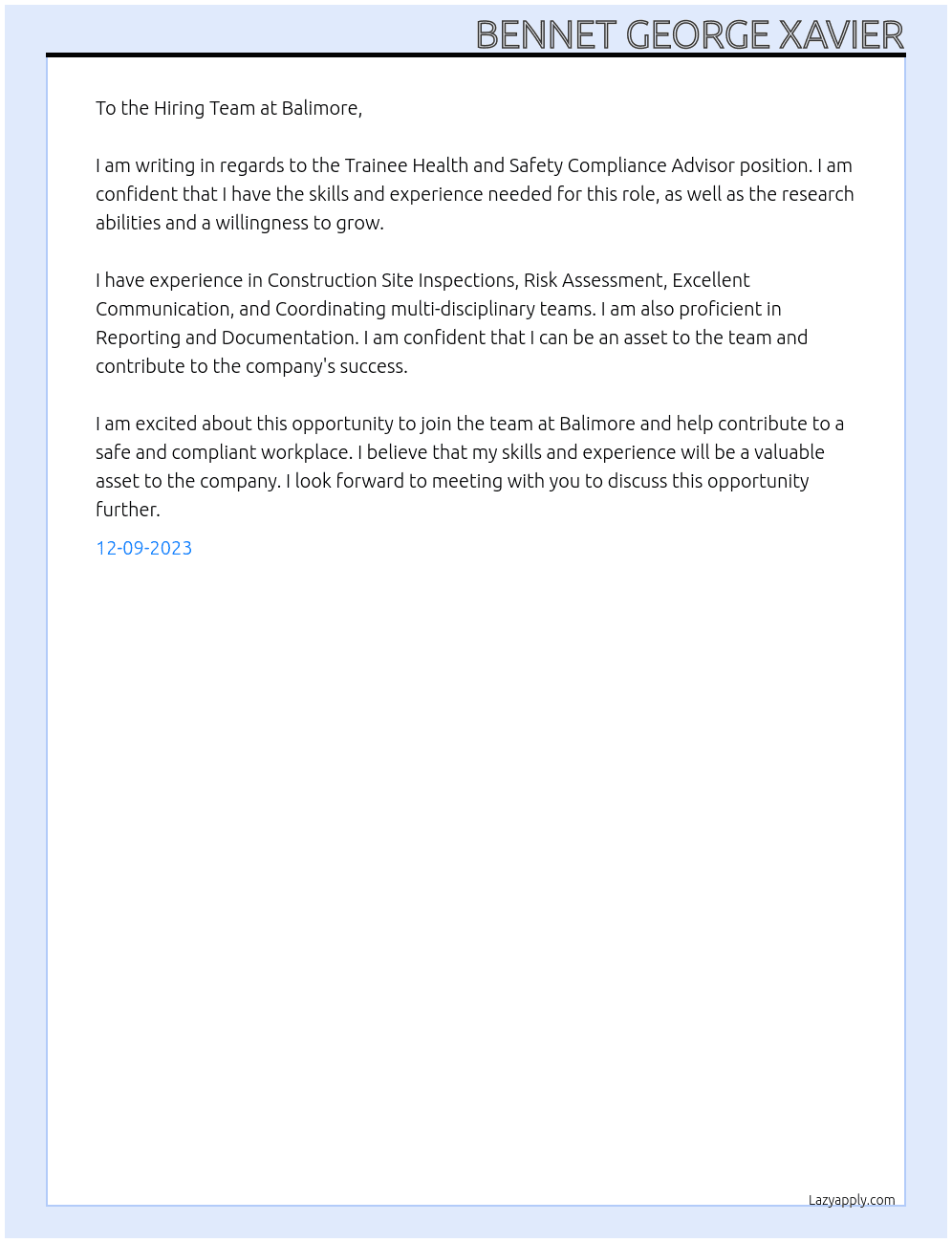 Trainee Health and Safety Compliance Advisor At Balimore Cover Letter