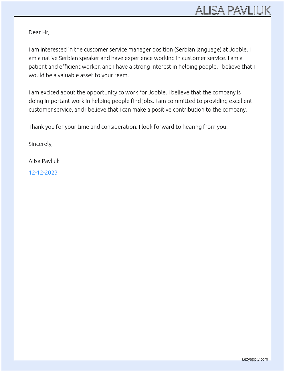 Customer service manager (Serbian language) At Jooble Cover Letter