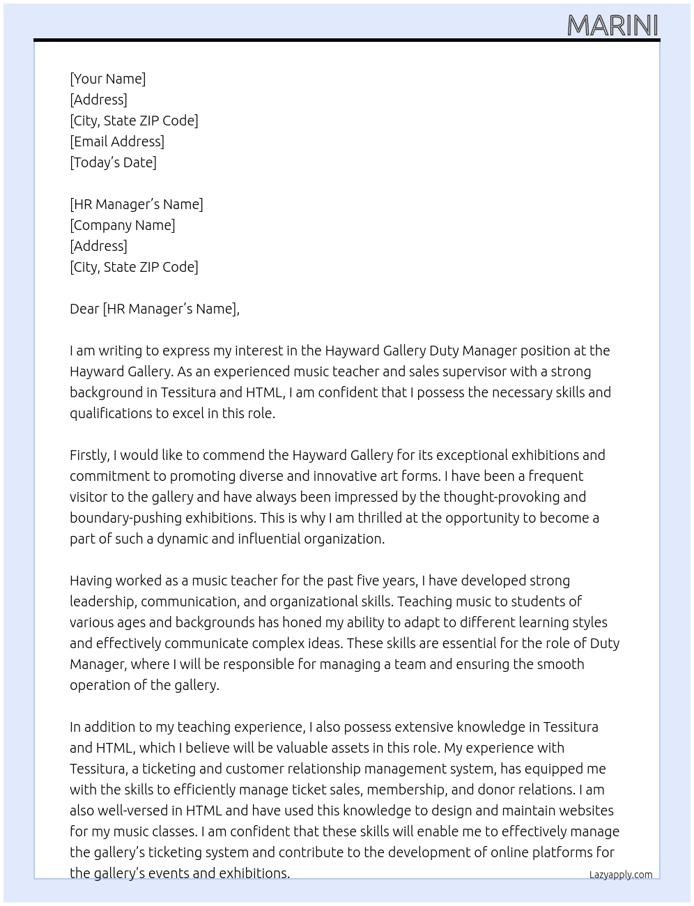  Hayward Gallery Duty Manager At hayward gallery  Cover Letter