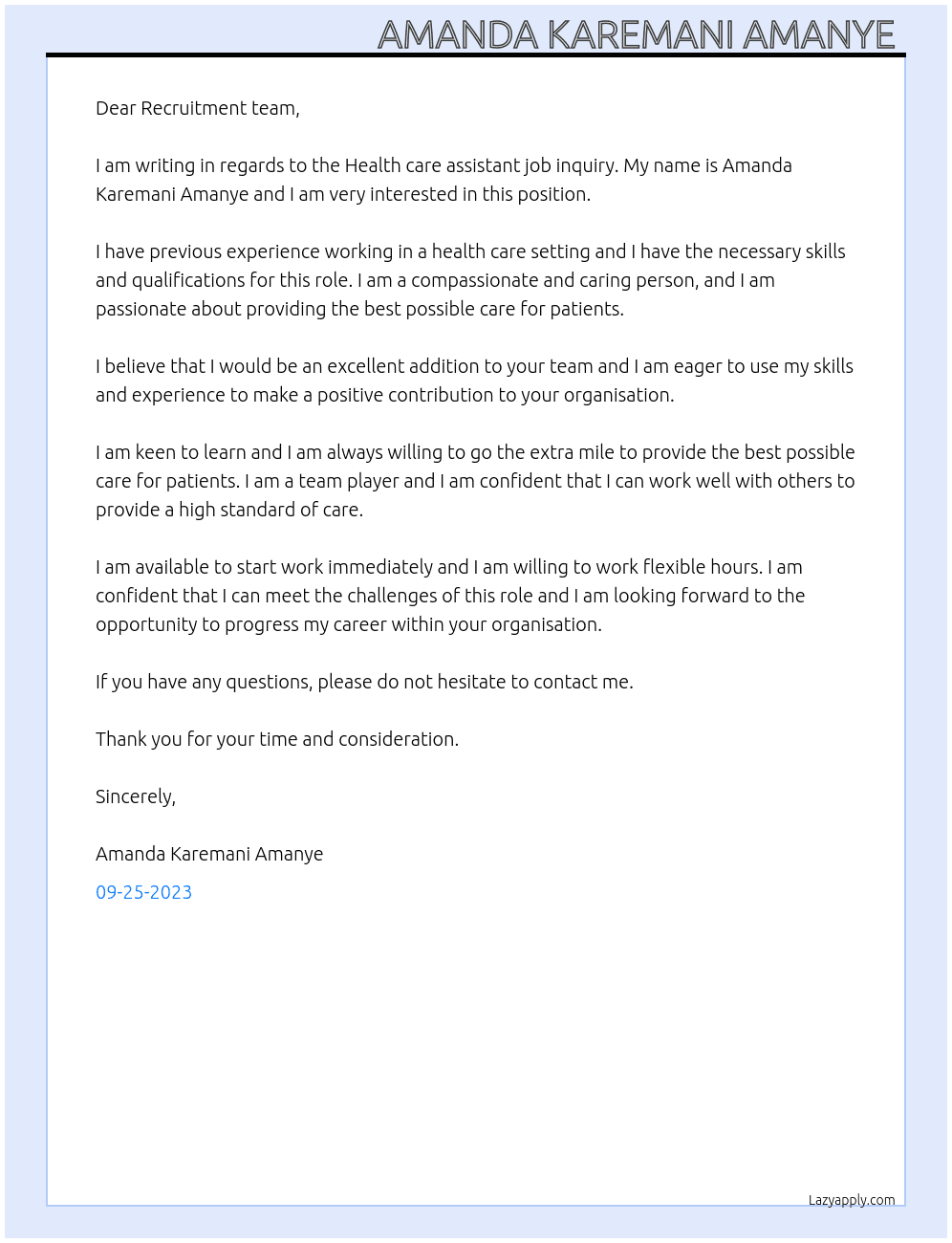 Health care assistant job inquiry  At New Beginnings  Cover Letter