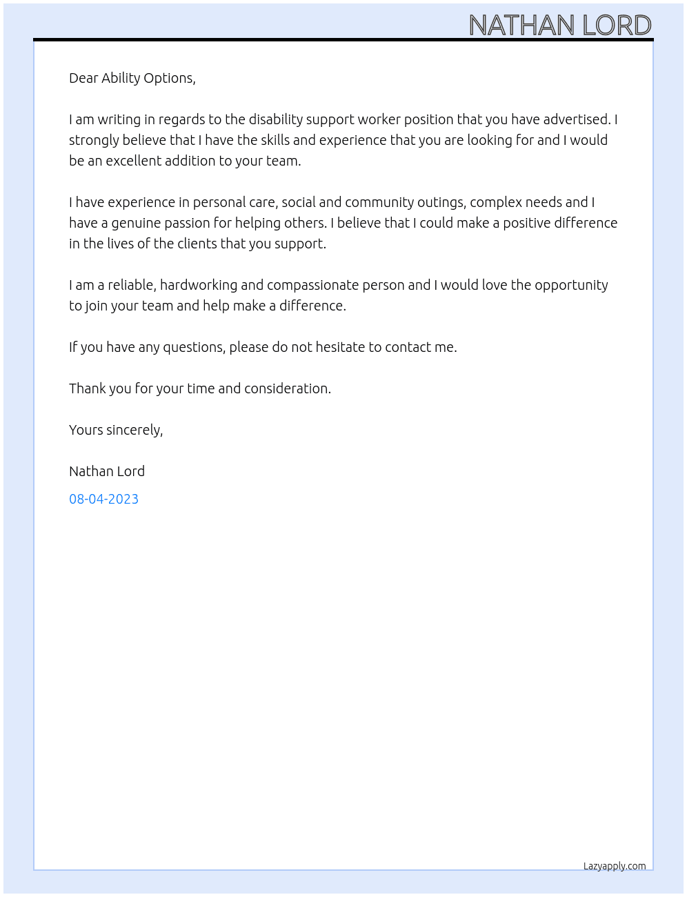 Disability support worker  At Ability Options Cover Letter