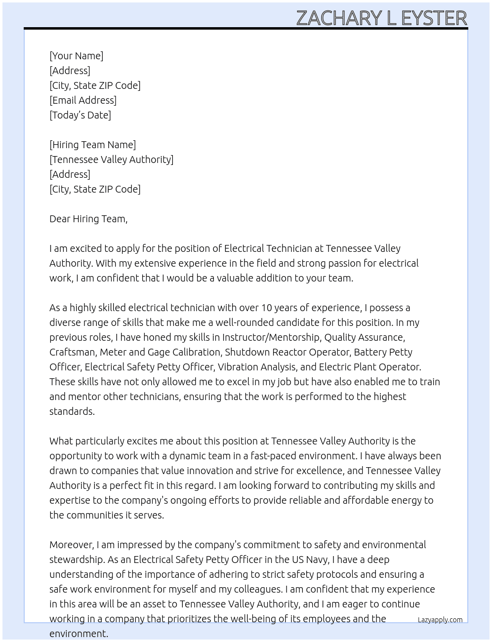 Electrical Technician At Tennessee Valley Authority  Cover Letter