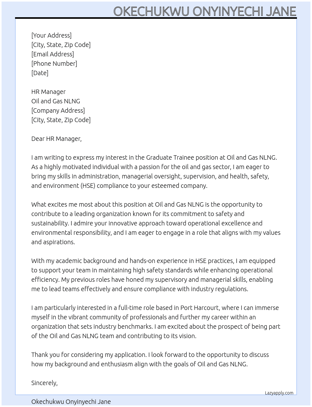 GRADUATE TRAINEE At OIL AND GAS NLNG Cover Letter