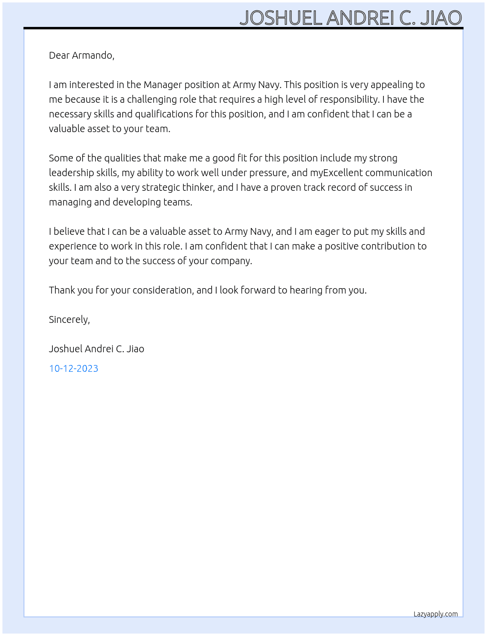 Manager At Army Navy Cover Letter